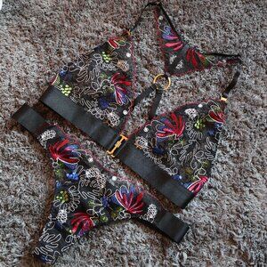 Bordelle Botanica Soft Triangle Bra and Thong SET Multi Floral Large L NWOT AW21